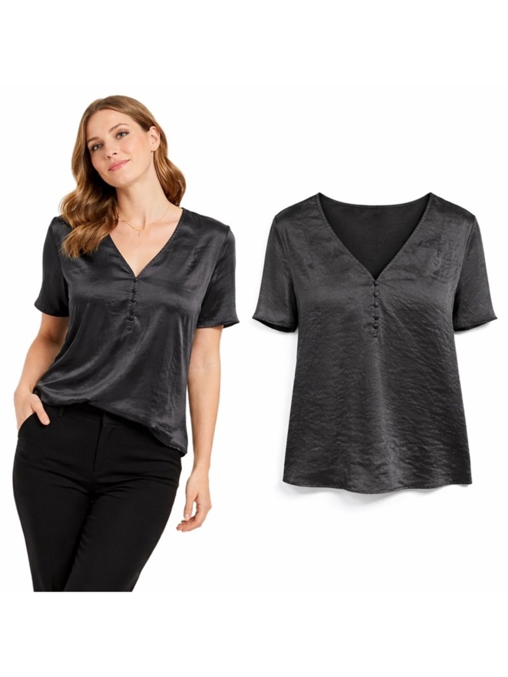 PAIGE Black Satin V-Neck Short Sleeve Blouse